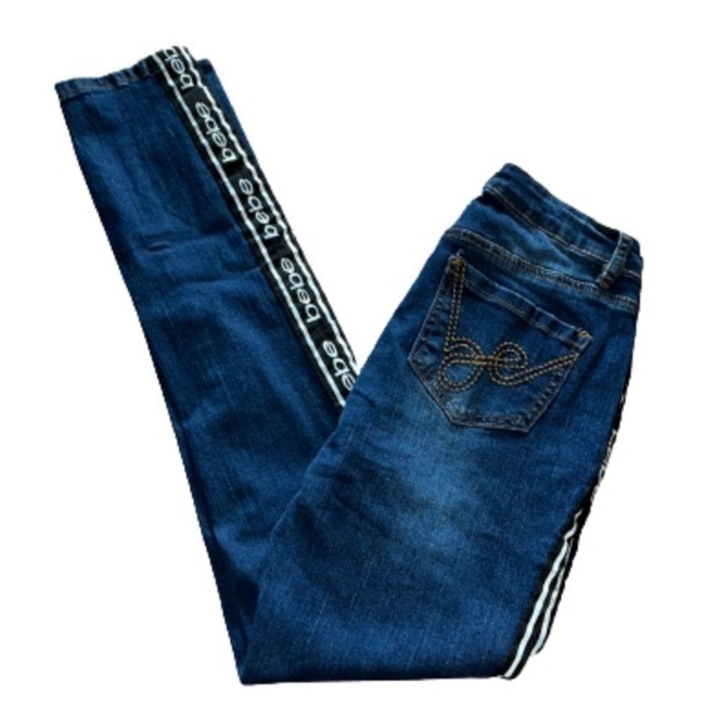 Bebe logo stripe dark wash denim blue jeans size 26